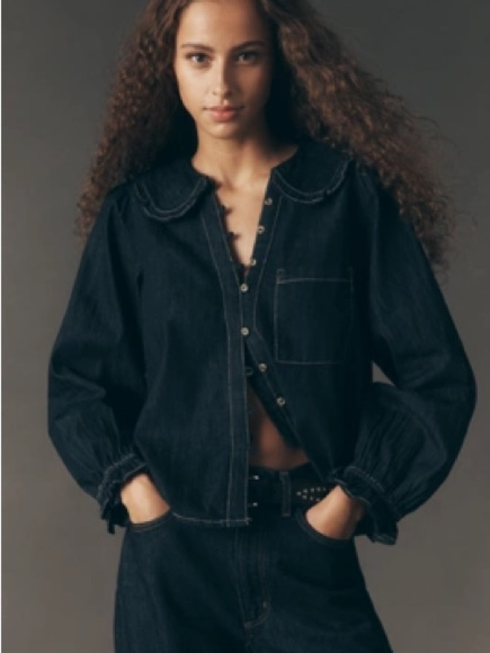 Pilcro Dark Indigo Scalloped-Collar Denim Jacket